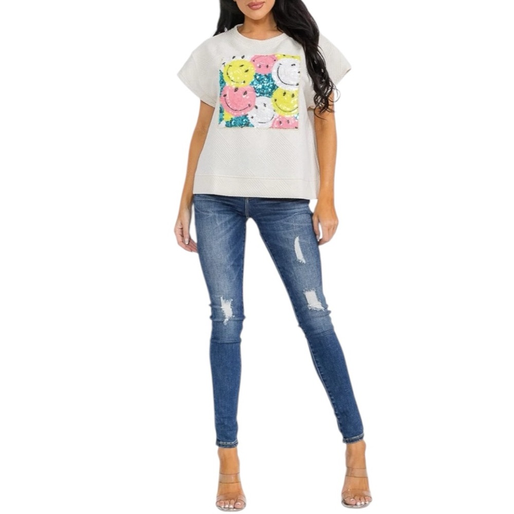 See N Be Seen Graphic Smiley Sequins Cropped Top size 2X Cream NWT Cap Sleeve